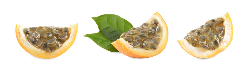Set with delicious granadillas on white background. Banner design
