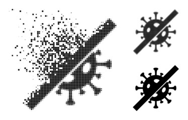 Dispersed pixelated no flu virus pictogram with wind effect, and halftone vector pictogram. Pixelated destruction effect for no flu virus demonstrates speed and movement of cyberspace abstractions.