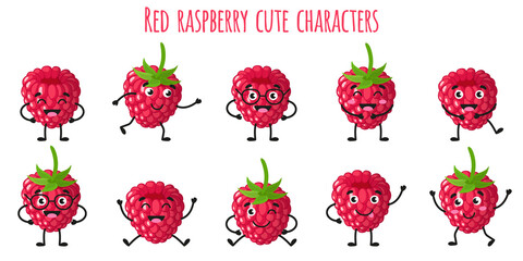 Red raspberry fruit cute funny cheerful characters with different poses and emotions. - obrazy, fototapety, plakaty