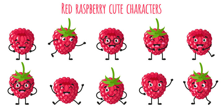 Red raspberry fruit cute funny cheerful characters with different poses and emotions.