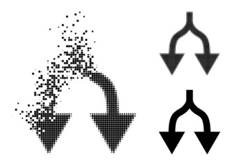 Destructed dotted split arrows down glyph with wind effect, and halftone vector image. Pixel disintegration effect for split arrows down reproduces speed and motion of cyberspace objects.