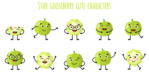 Obraz premium Star gooseberry fruit cute funny cheerful characters with different poses and emotions.