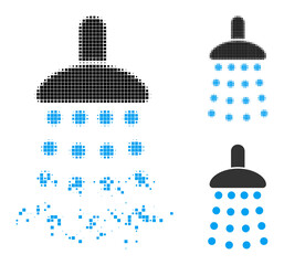 Disappearing pixelated shower icon with wind effect, and halftone vector icon. Pixel degradation effect for shower demonstrates speed and movement of cyberspace things.