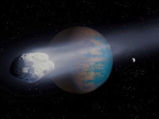 bright comet flies against the background of a terrestrial planet. Danger of collision with asteroid, space landscape 3d illustration. 