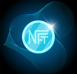 NFT nonfungible token on abstract linear striped blue background. Online money for buy exclusive art poster. Pay for unique collectibles banner. Blockchain technology non fungible crypto coin vector