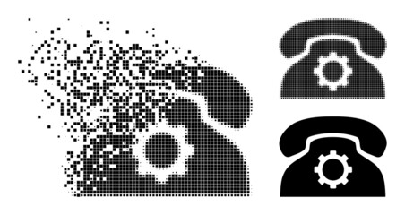 Dissolving pixelated phone settings pictogram with destruction effect, and halftone vector composition. Pixelated defragmentation effect for phone settings shows speed and motion of cyberspace things.
