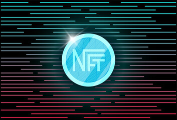 NFT non fungible light blue token on abstract linear background. Online money for buy exclusive art poster. Pay for unique collectibles vector banner. Blockchain technology nonfungible crypto coin