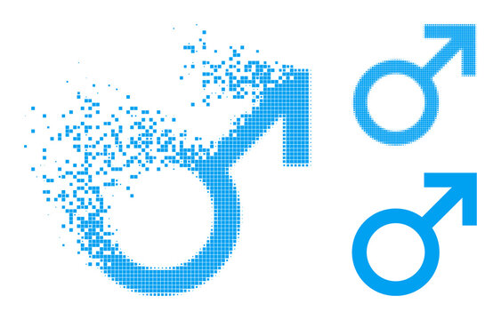 Shredded pixelated male symbol pictogram with destruction effect, and halftone vector pictogram. Pixelated dissolution effect for male symbol shows speed and movement of cyberspace things.