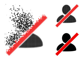 Disintegrating pixelated wrong user icon with wind effect, and halftone vector icon. Pixel dissolution effect for wrong user shows speed and movement of cyberspace matter.