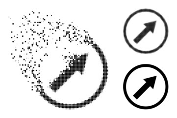 Dissipated pixelated up-right rounded arrow pictogram with destruction effect, and halftone vector pictogram.