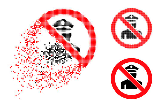 Fragmented pixelated stop policeman glyph with destruction effect, and halftone vector image. Pixelated fragmentation effect for stop policeman gives speed and motion of cyberspace abstractions.