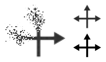 Dust dotted intersection directions icon with destruction effect, and halftone vector image. Pixel dust effect for intersection directions gives speed and movement of cyberspace objects.