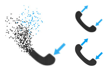 Dissipated dotted phone talking pictogram with wind effect, and halftone vector image. Pixel abrasion effect for phone talking reproduces speed and motion of cyberspace abstractions.