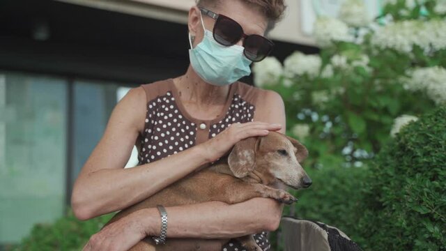 Ederly woman in medical mask sits on bench in city and disinfects her dog dachshund hands and paws with antiseptic. Senior female masked with pet use anitizer in park during quarantine covid 19.