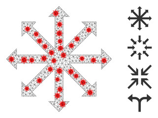 Network expand arrows using infection style. Mesh wireframe expand arrows image in low poly style with connected linear items and red infection centers. © imagecatalog