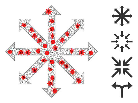 Network expand arrows using infection style. Mesh wireframe expand arrows image in low poly style with connected linear items and red infection centers.