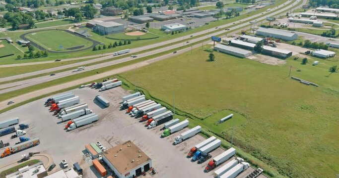 05 JULY STRAFFORD MISSOURY USA Resting place with various types of trucks in a crowded parking lot off near interstate highway