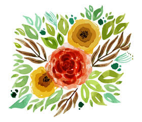 Vector de flores, rosas y hojas. Ilustración botánica vectorial decorativa. Arreglo floral. Transparencia.