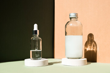 Dropper glass Bottle Mock-Up. Body treatment and spa. Natural beauty products. Eco cream, serum,...