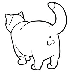 Spotted cat with large testicles. Back view. Coloring page. Black outline. 