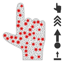 Polygonal hand pointer up in infection style. Polygonal wireframe hand pointer up image in lowpoly style with structured linear items and red infection nodes.