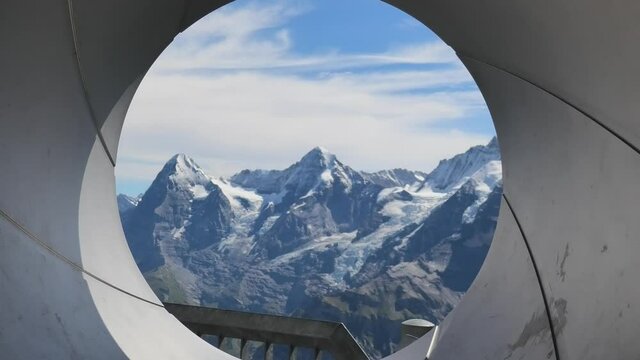 Spiral gun barrel effect with north face of Eiger snow capped, seen from Schilthorn summit 2970 meters. Murren, Canton of Bern in Switzerland. Oberland Bernese, Jungfrau Region
