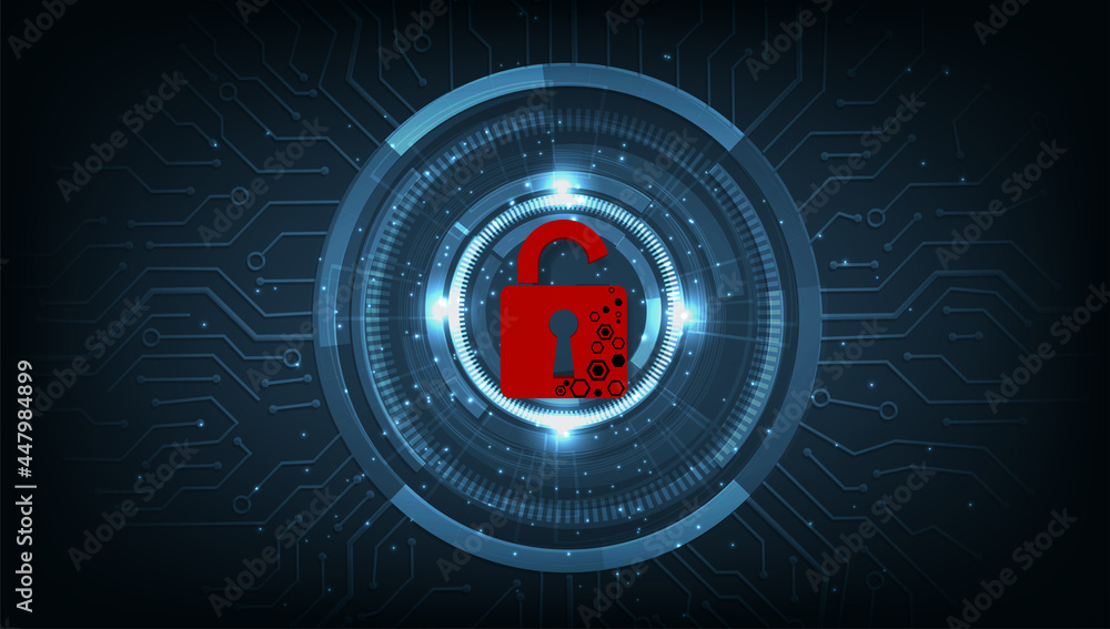 Poster cyber attack technology concept.padlock red open on digital electric circuit circle background. cybe