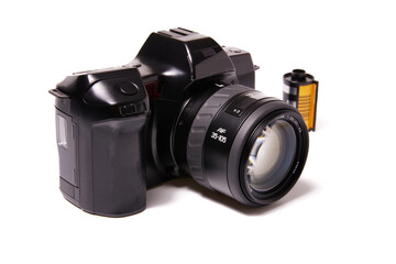Analog black camera with 35mm photo reel