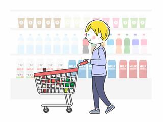 ショッピングカートで買い物をする白人男性のイラスト