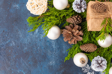 Christmas ornament. Stylish interior decoration. Frame for your congratulations Merry Christmas and Happy New Year. Empty space for your insert.