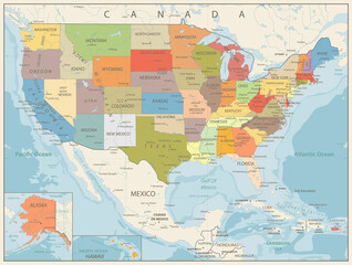Retro Color Political Map of USA