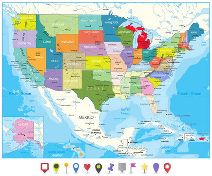 Political Map Of USA And Flat Map Pointers