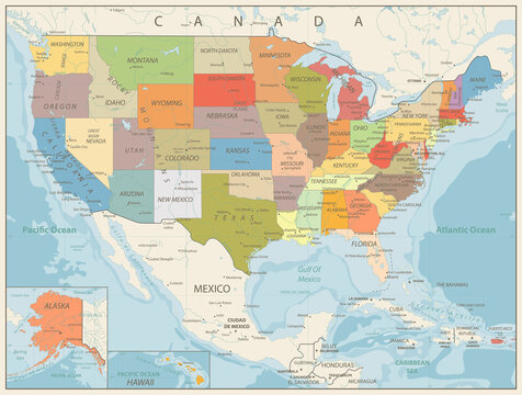 Retro Color Political Map of USA