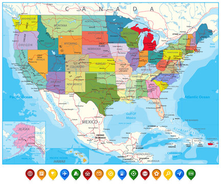 USA Political Road Map and map pointers