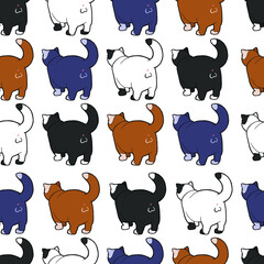 Seamless background with funny cats. Spotted cats. Back view 