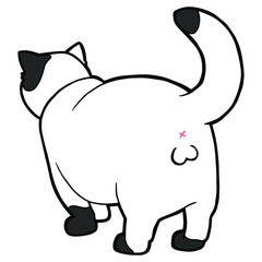 Spotted cat with large testicles. Back view. Coloring page. Black outline. 
