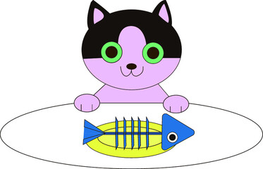 ごちそうさまでした！（2色ネコと魚）