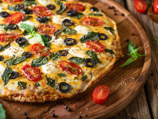 Beautiful still life Italian pizza on a wooden stand. View from above. High angle view. There are no people in the photo. Macro photography. Careful viewing. Restaurant, hotel, advertising business.