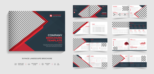 16 page Corporate modern bi fold brochure template and company profile with blue and black creative shapes annual report design ,Multipurpose editable template