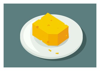 Cheese slice on a plate, simple flat illustration