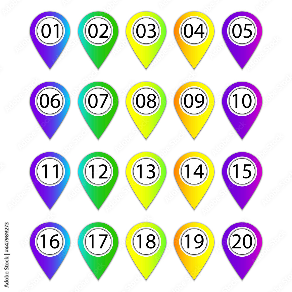 Poster bullet numbers. map pointer icon. pin point icon. arrow vector icon. vector graphic. 20 steps. vecto