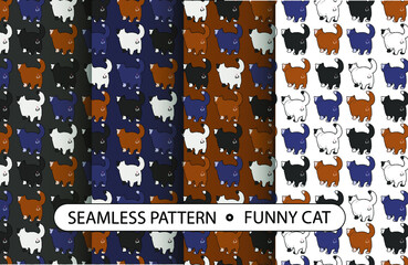 Set of seamless backgrounds with funny cats. Spotted cats. Back view.