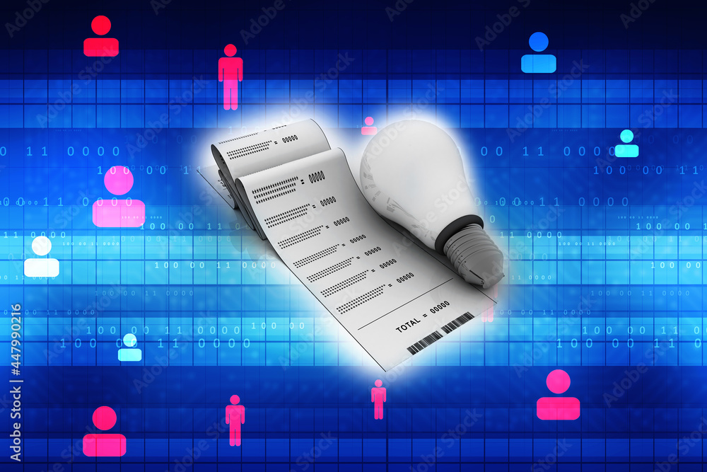 Poster 3d rendering fluorescent cfl lamp with computer bill