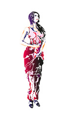 Girl in red dress, art sketch. Young female silhouette isolated on white background. Beautiful engraving imitation hand drawn. Sexy beauty pose. Vector illustration.