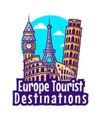 Illustrations of Europe Tourist Destinations. World Tourism Day, Building and Landmark Icon Concept