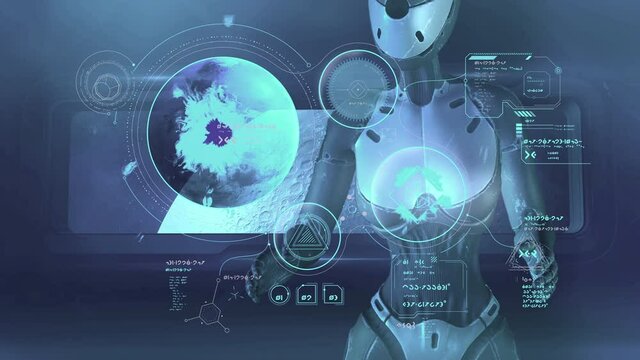 Fantastic video poster with alien infographics, 3D render.