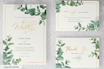 set of greenery wedding invitation card template design of eucalyptus leaves - obrazy, fototapety, plakaty