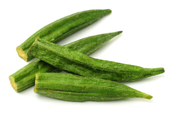 Healthy okra chips isolated on white background 
