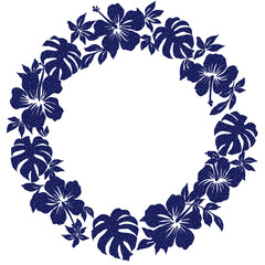 Classical vintage hibiscus and monstera leaf wreath illustrations, ornaments, background © globeds