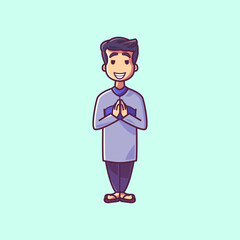 Muslim boy in greeting pose. Cartoon character